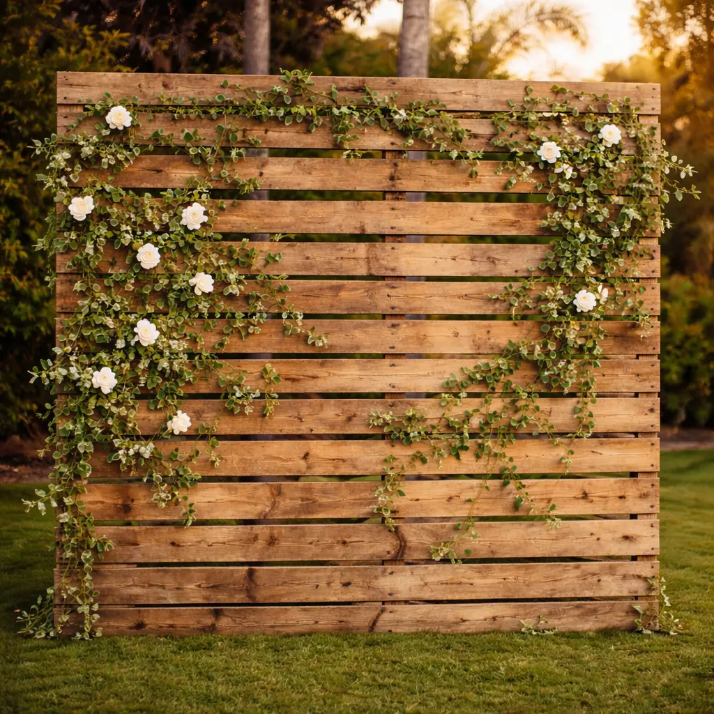 Photocall rústico de madera para boda en Mallorca